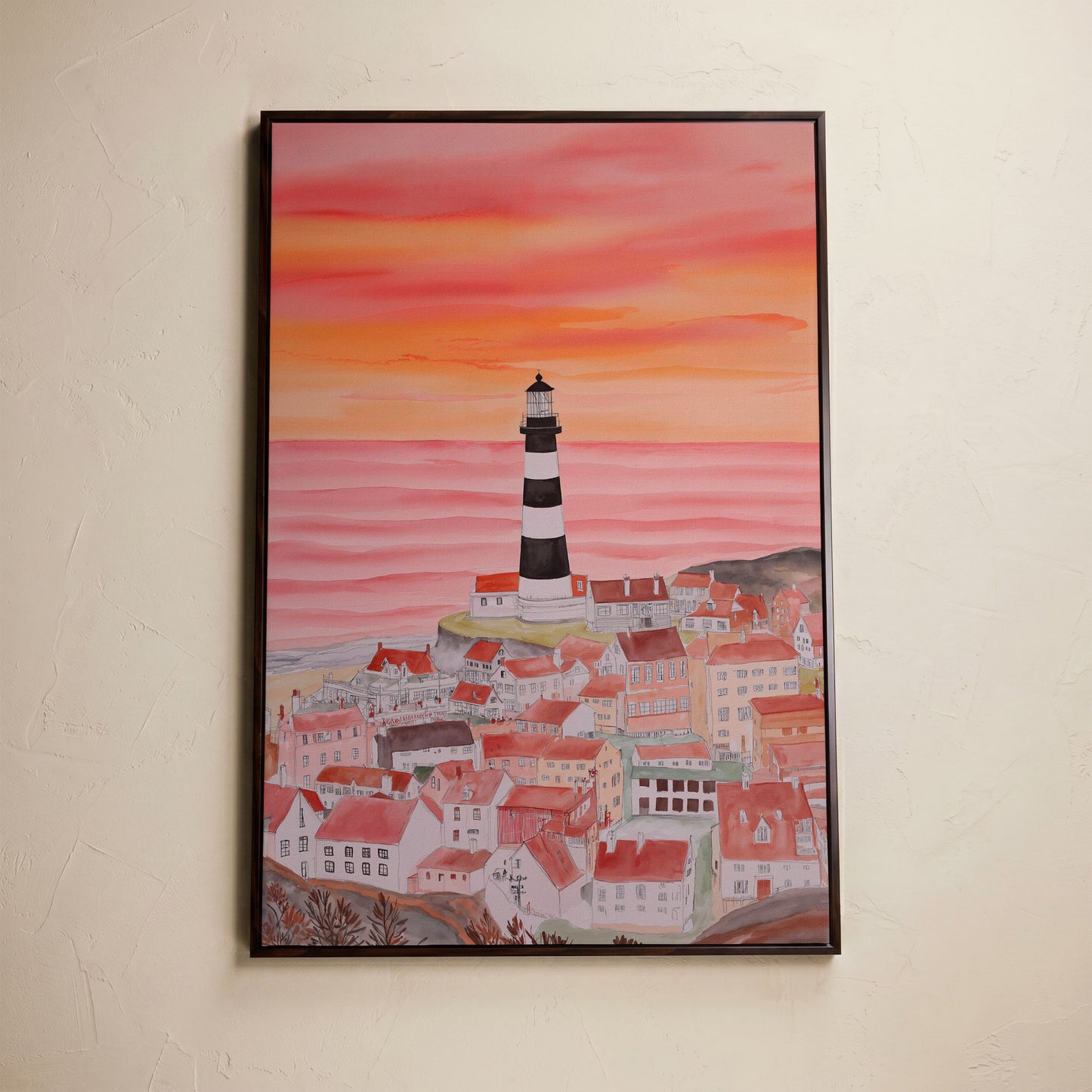 Lighthouse and Seaside Village at Dusk, Coastal Canvas Art in dark walnut floating frame