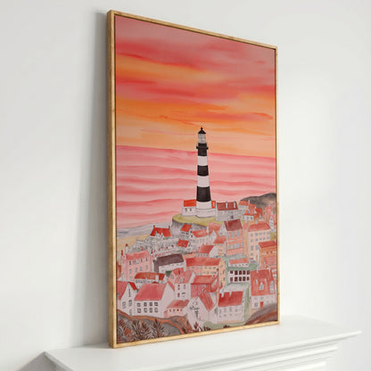 Lighthouse and Seaside Village at Dusk, Coastal Canvas Art in white oak floating frame