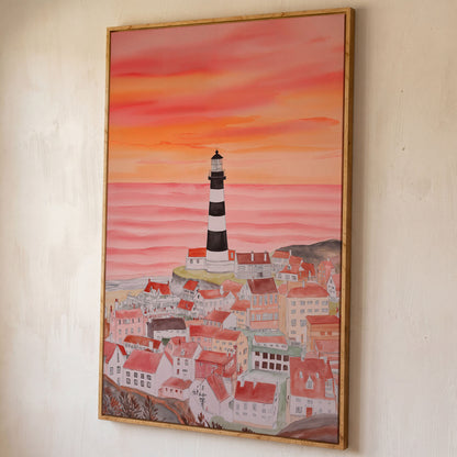 Lighthouse and Seaside Village at Dusk, Coastal Canvas Art shown in white oak floating frame