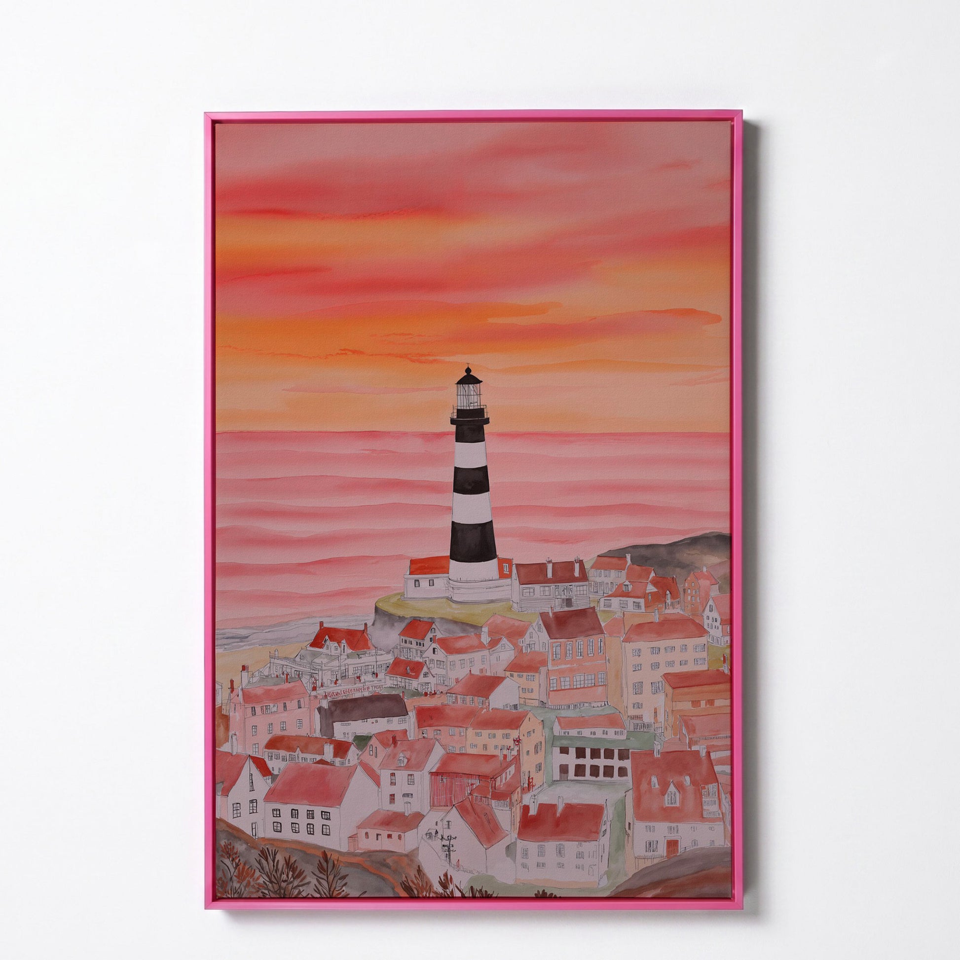 Lighthouse and Seaside Village at Dusk, Coastal Canvas Art in pink floating frame