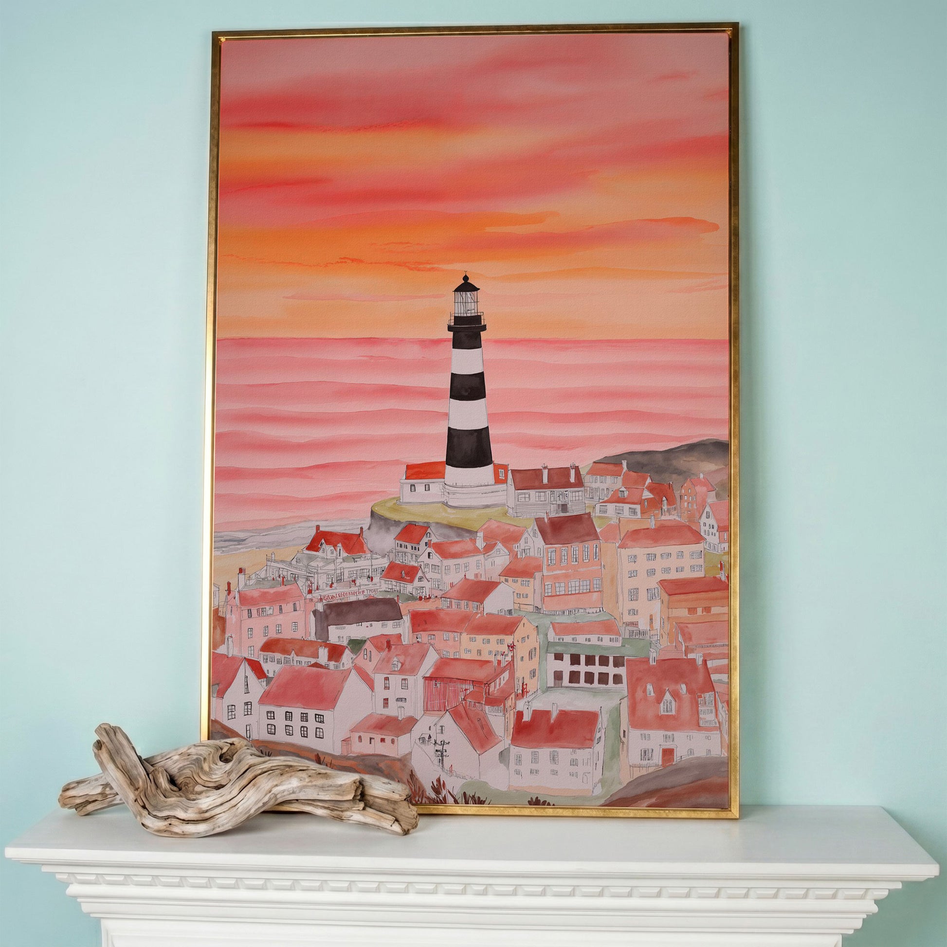 Lighthouse and Seaside Village at Dusk, Coastal Canvas Art in rose gold floating frame