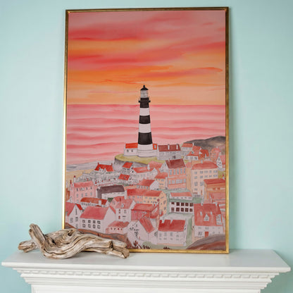 Lighthouse and Seaside Village at Dusk, Coastal Canvas Art in rose gold floating frame