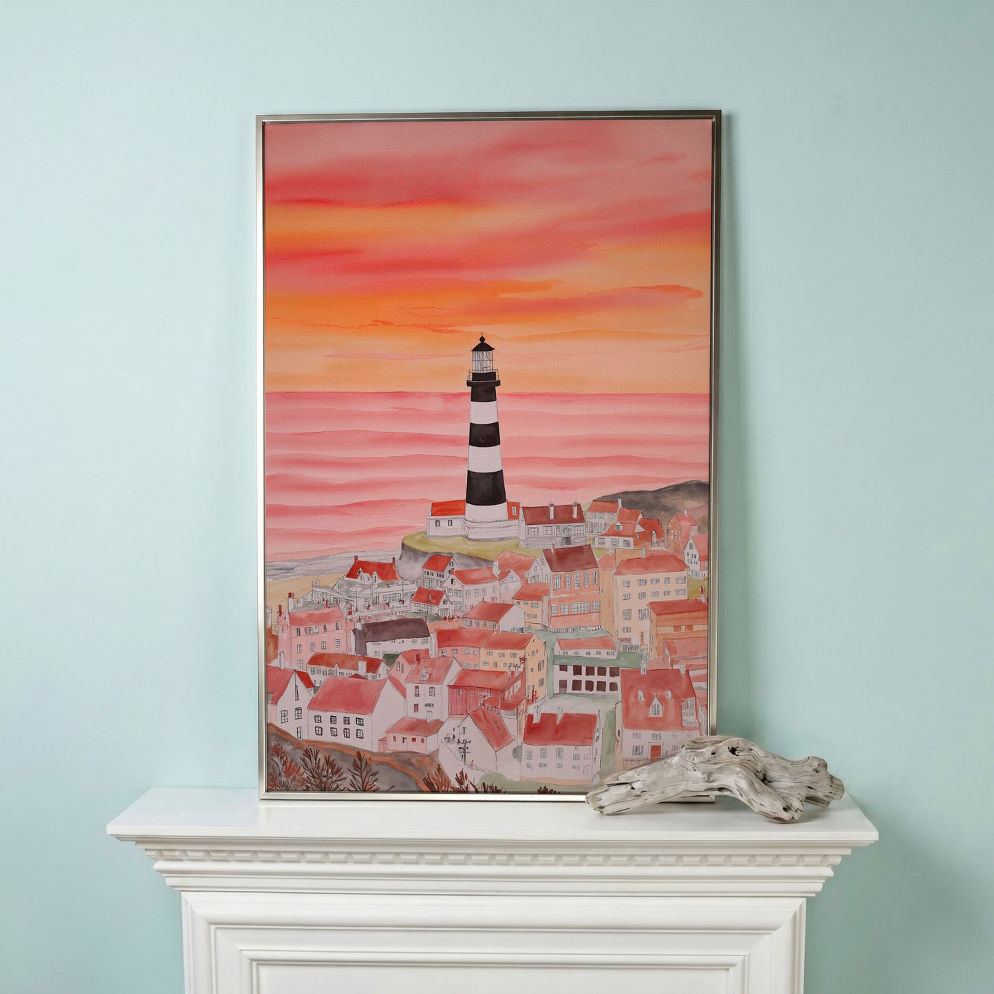 Lighthouse and Seaside Village at Dusk, Coastal Canvas Art in silver floating frame