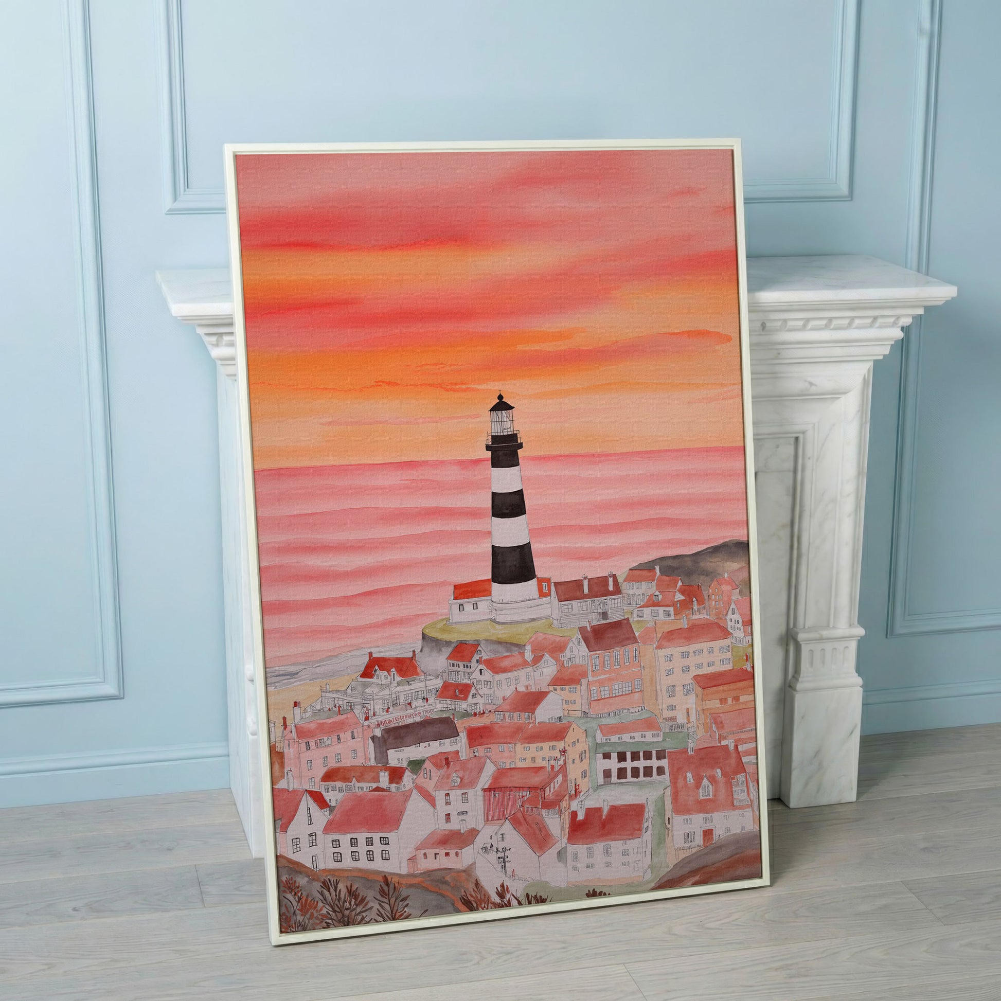 Lighthouse and Seaside Village at Dusk, Coastal Canvas Art in white floating frame