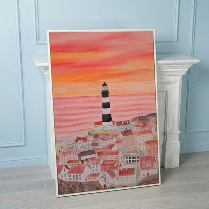 Lighthouse and Seaside Village at Dusk, Coastal Canvas Art in white floating frame
