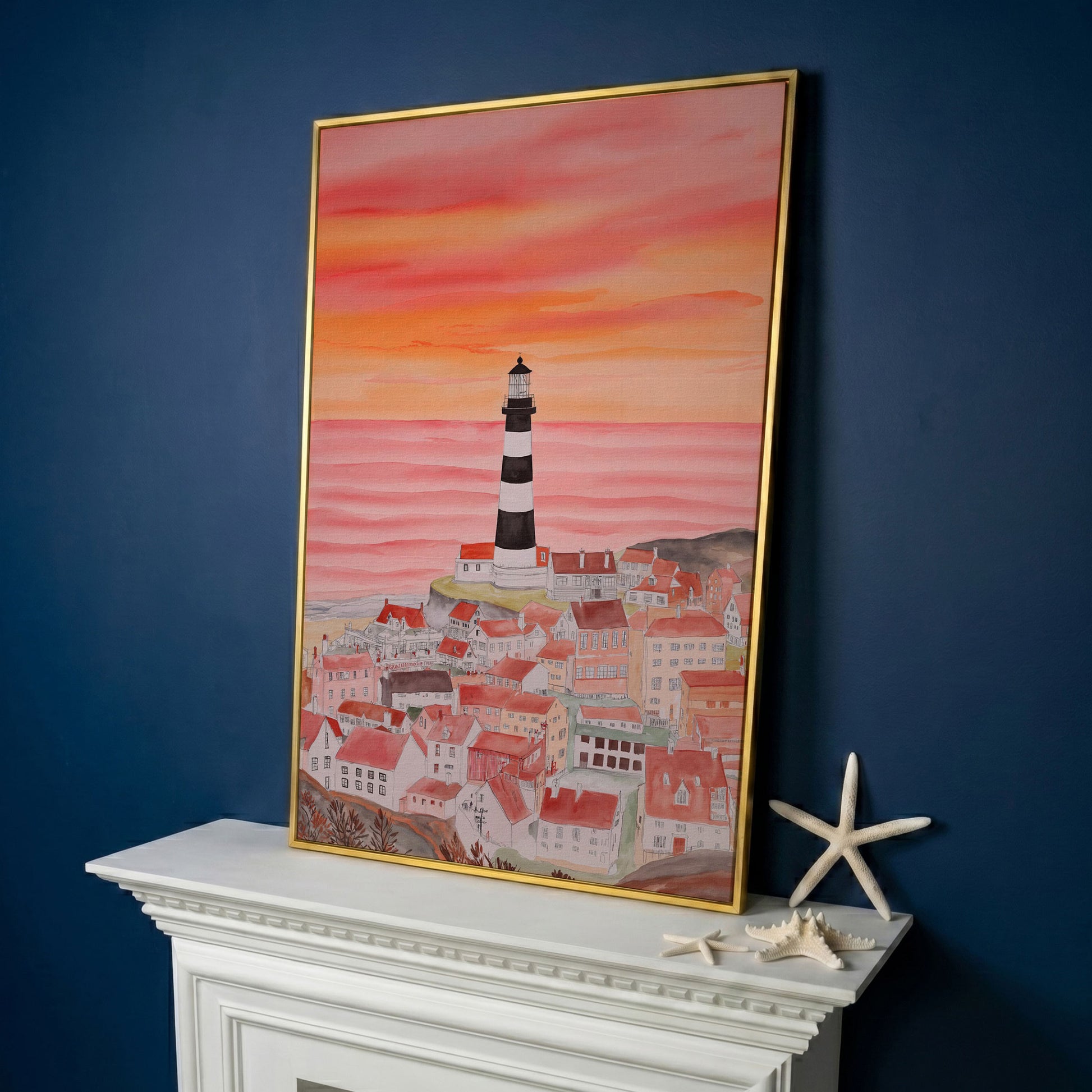 Lighthouse and Seaside Village at Dusk, Coastal Canvas Art in yellow gold floating frame