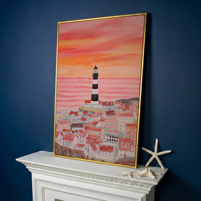 Lighthouse and Seaside Village at Dusk, Coastal Canvas Art in yellow gold floating frame