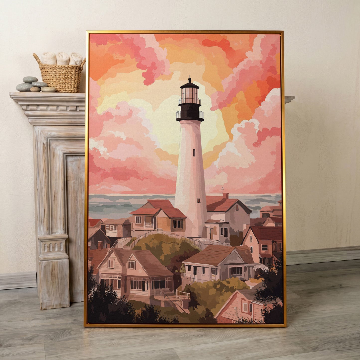 Coastal Village Lighthouse Canvas Art, Warm Sky Tones in antique gold floating frame