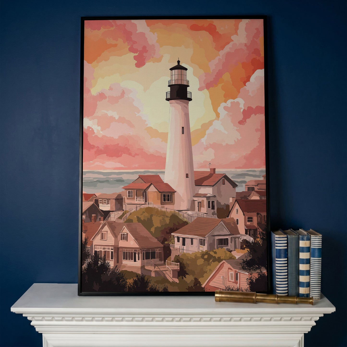 Coastal Village Lighthouse Canvas Art, Warm Sky Tones in black floating frame