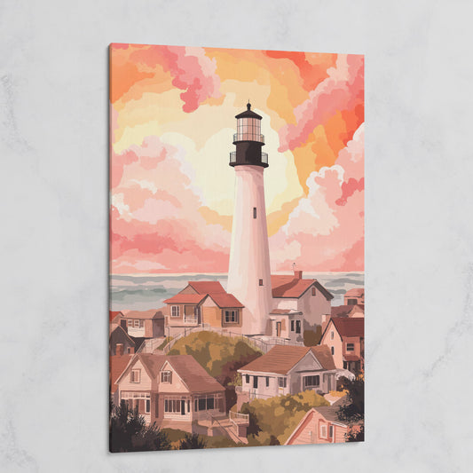 Coastal Village Lighthouse Canvas Art, Warm Sky Tones on gallery wrap