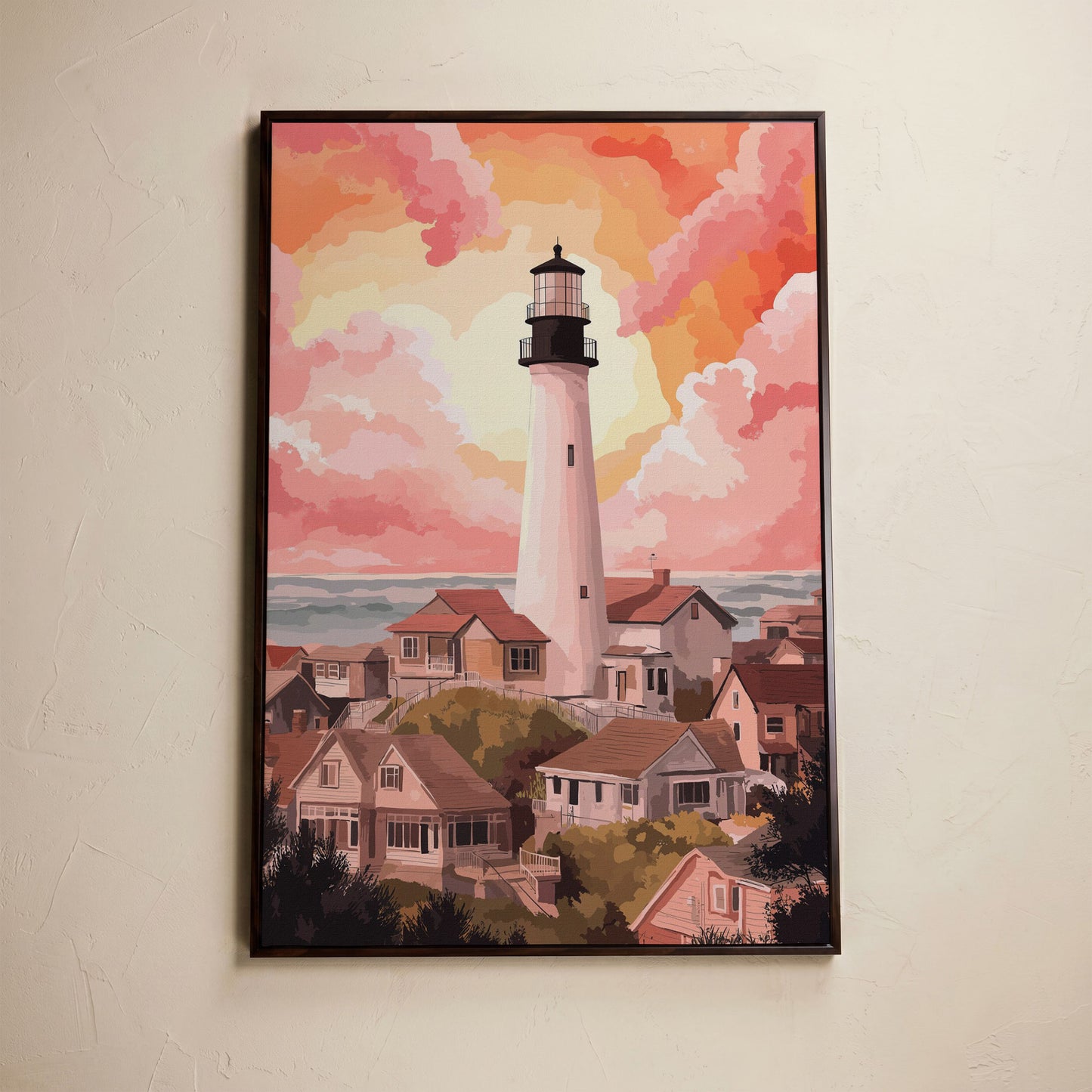 Coastal Village Lighthouse Canvas Art, Warm Sky Tones in dark walnut floating frame