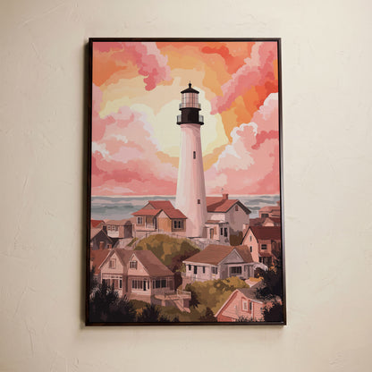 Coastal Village Lighthouse Canvas Art, Warm Sky Tones in dark walnut floating frame