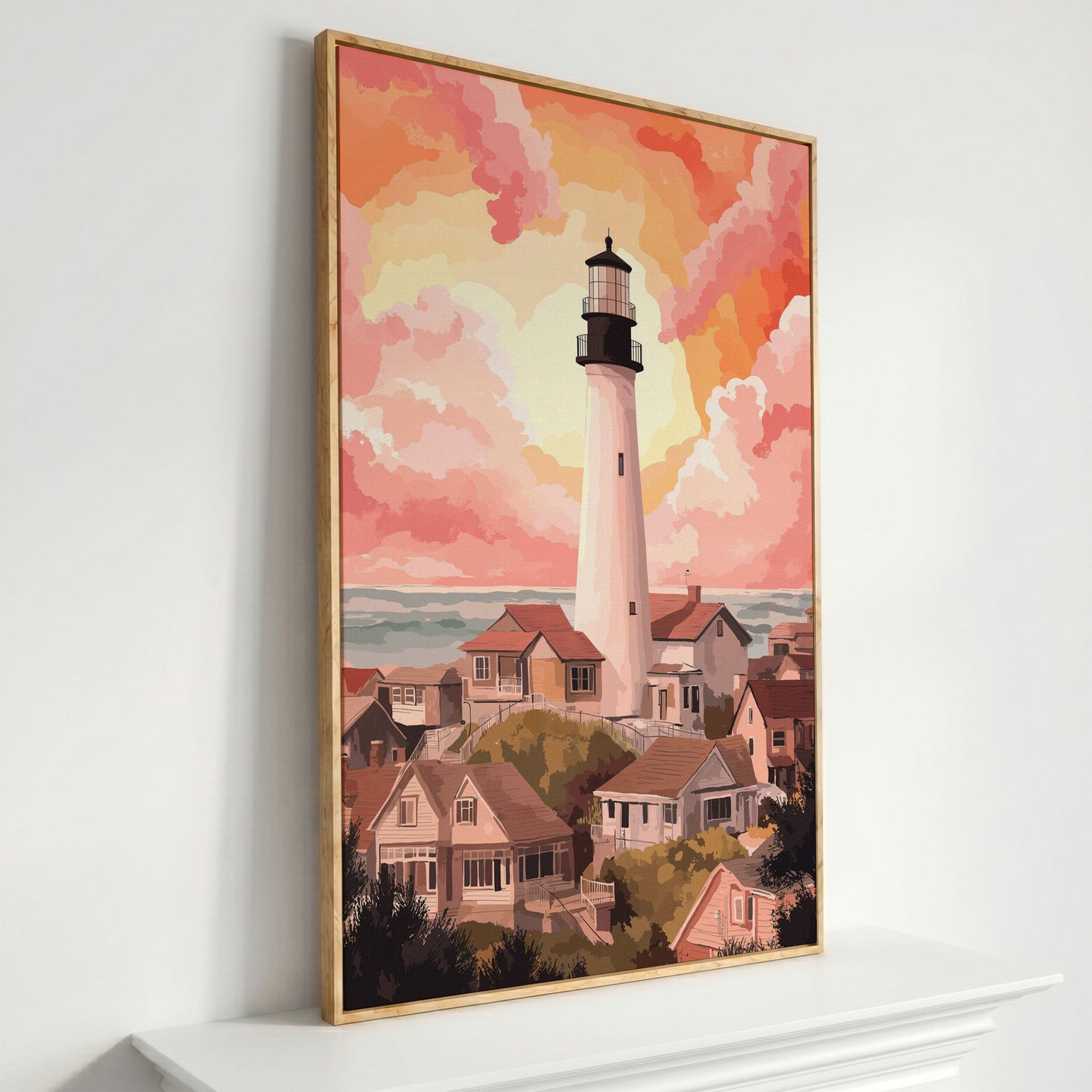 Coastal Village Lighthouse Canvas Art, Warm Sky Tones in white oak floating frame