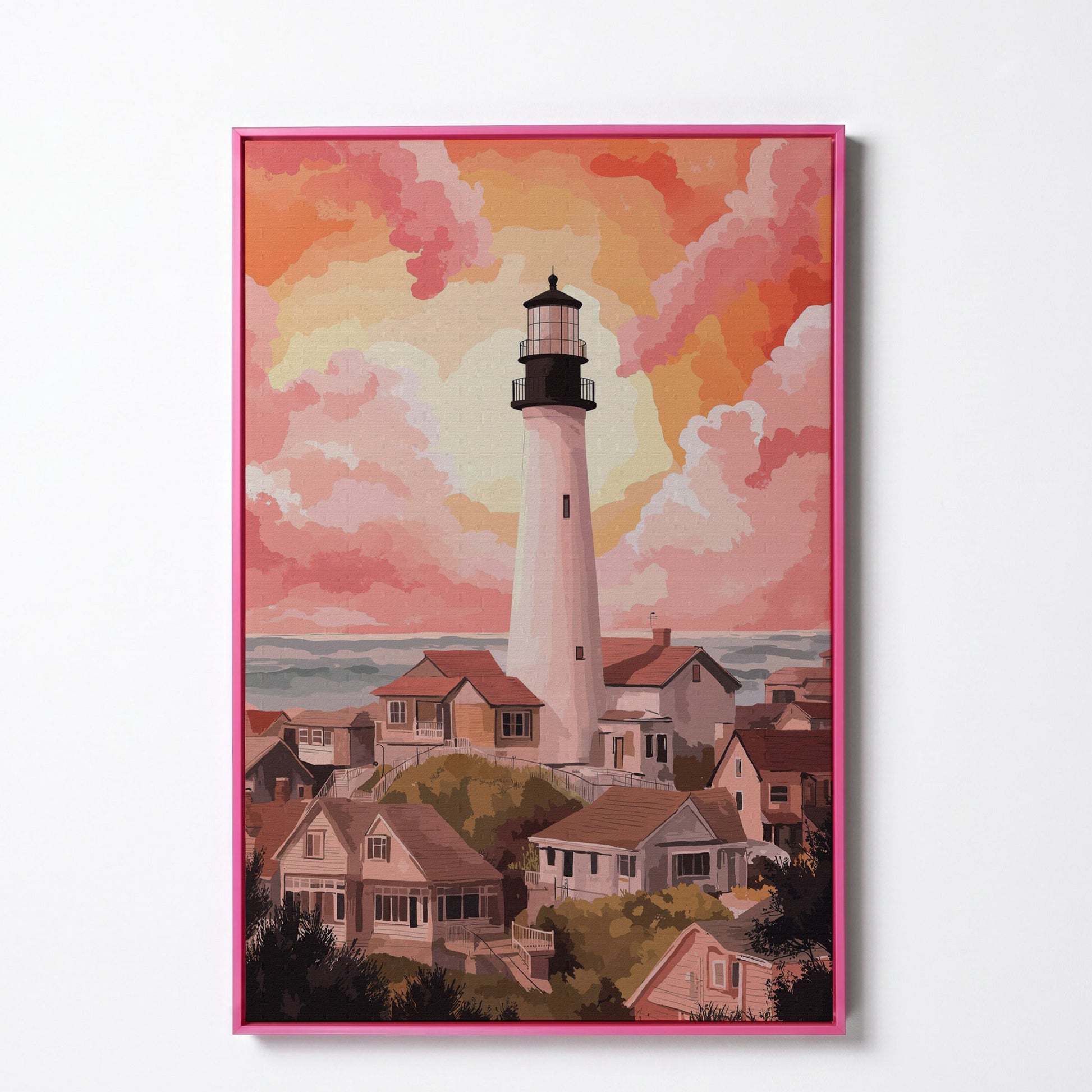 Coastal Village Lighthouse Canvas Art, Warm Sky Tones in pink floating frame