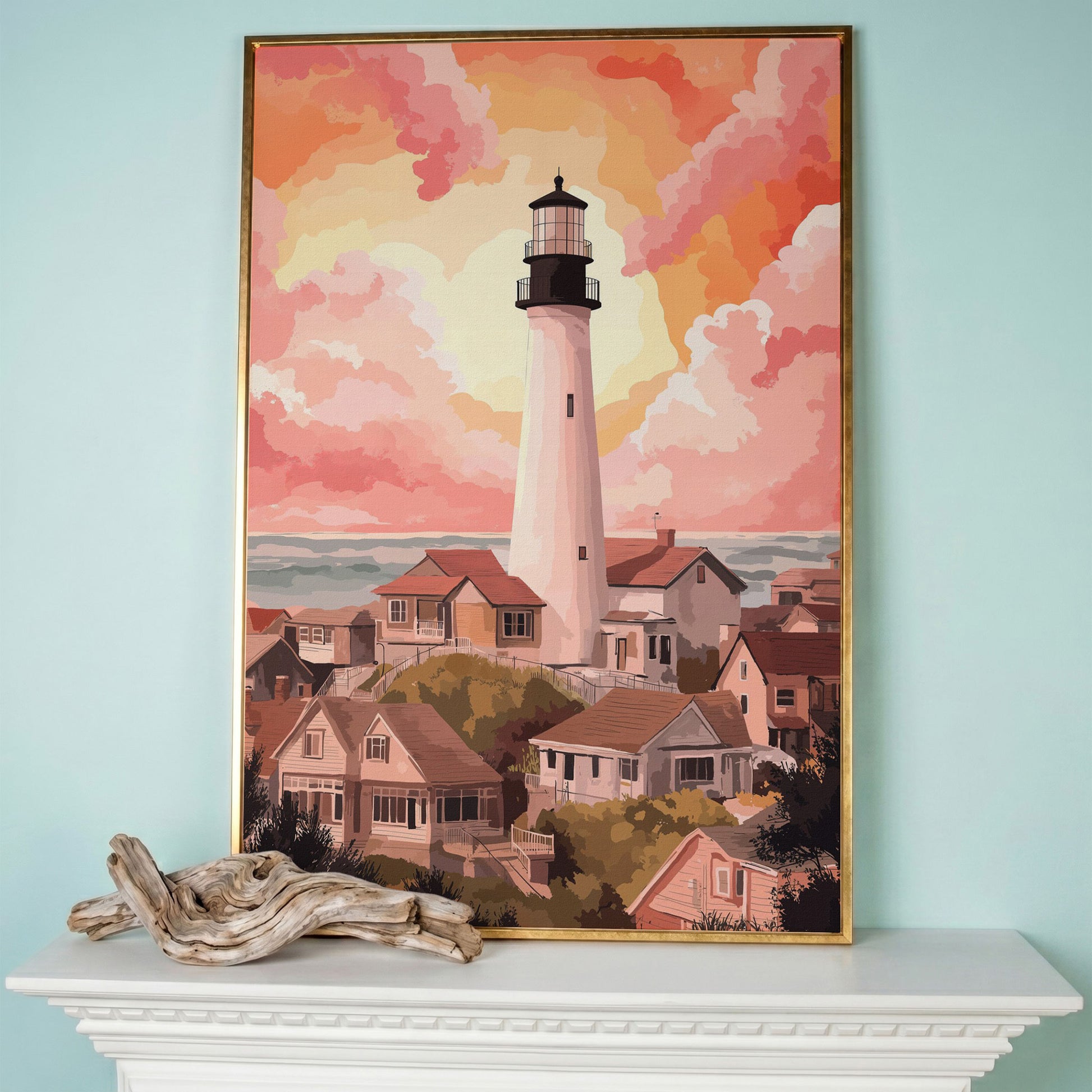 Coastal Village Lighthouse Canvas Art, Warm Sky Tones in rose gold floating frame