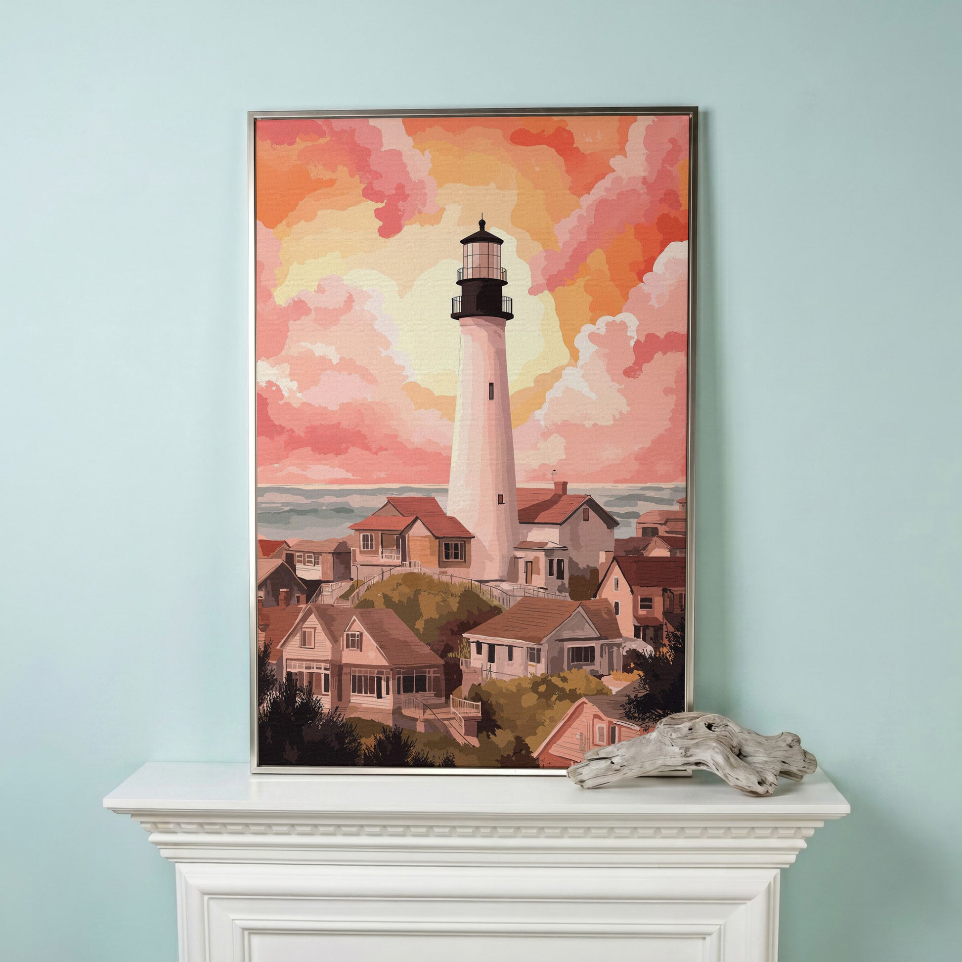Coastal Village Lighthouse Canvas Art, Warm Sky Tones in silver floating frame