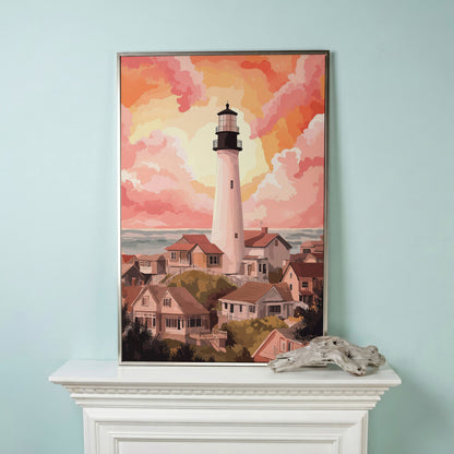 Coastal Village Lighthouse Canvas Art, Warm Sky Tones in silver floating frame