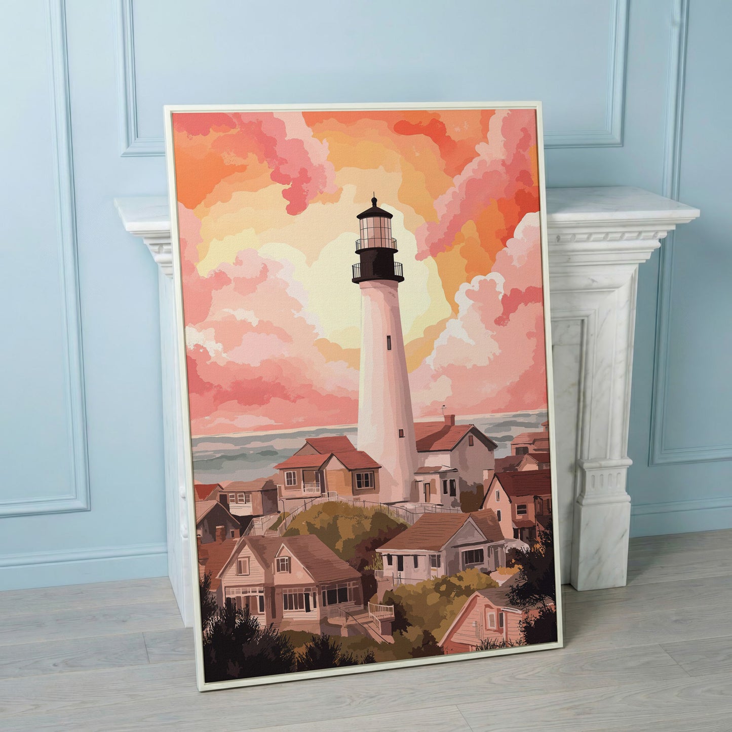 Coastal Village Lighthouse Canvas Art, Warm Sky Tones in white floating frame