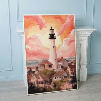 Coastal Village Lighthouse Canvas Art, Warm Sky Tones in white floating frame