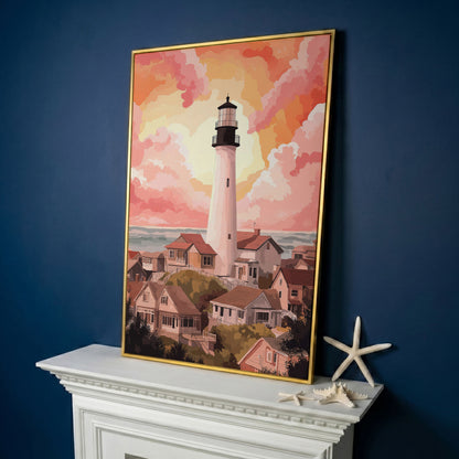 Coastal Village Lighthouse Canvas Art, Warm Sky Tones in yellow gold floating frame