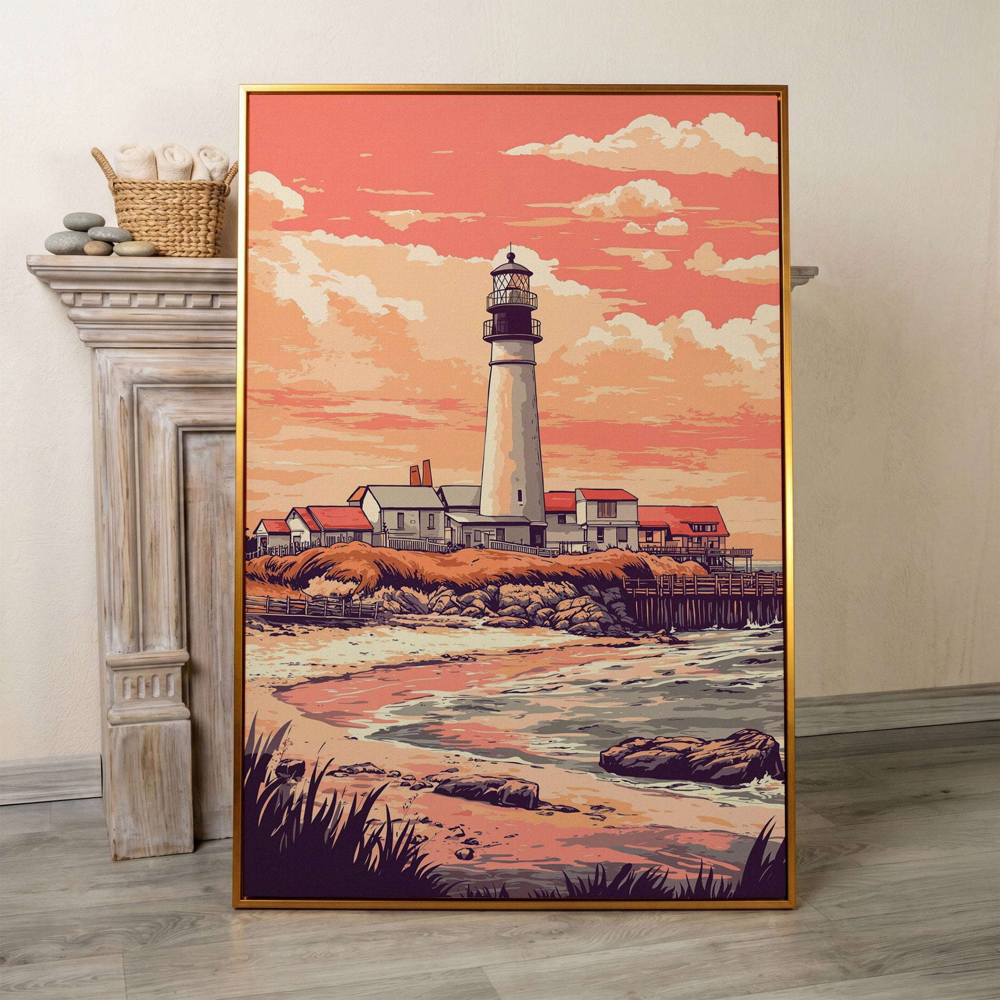 Lighthouse at Sunset, Coastal Canvas Wall Art in antique gold floating frame