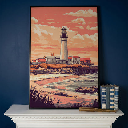 Lighthouse at Sunset, Coastal Canvas Wall Art in black floating frame