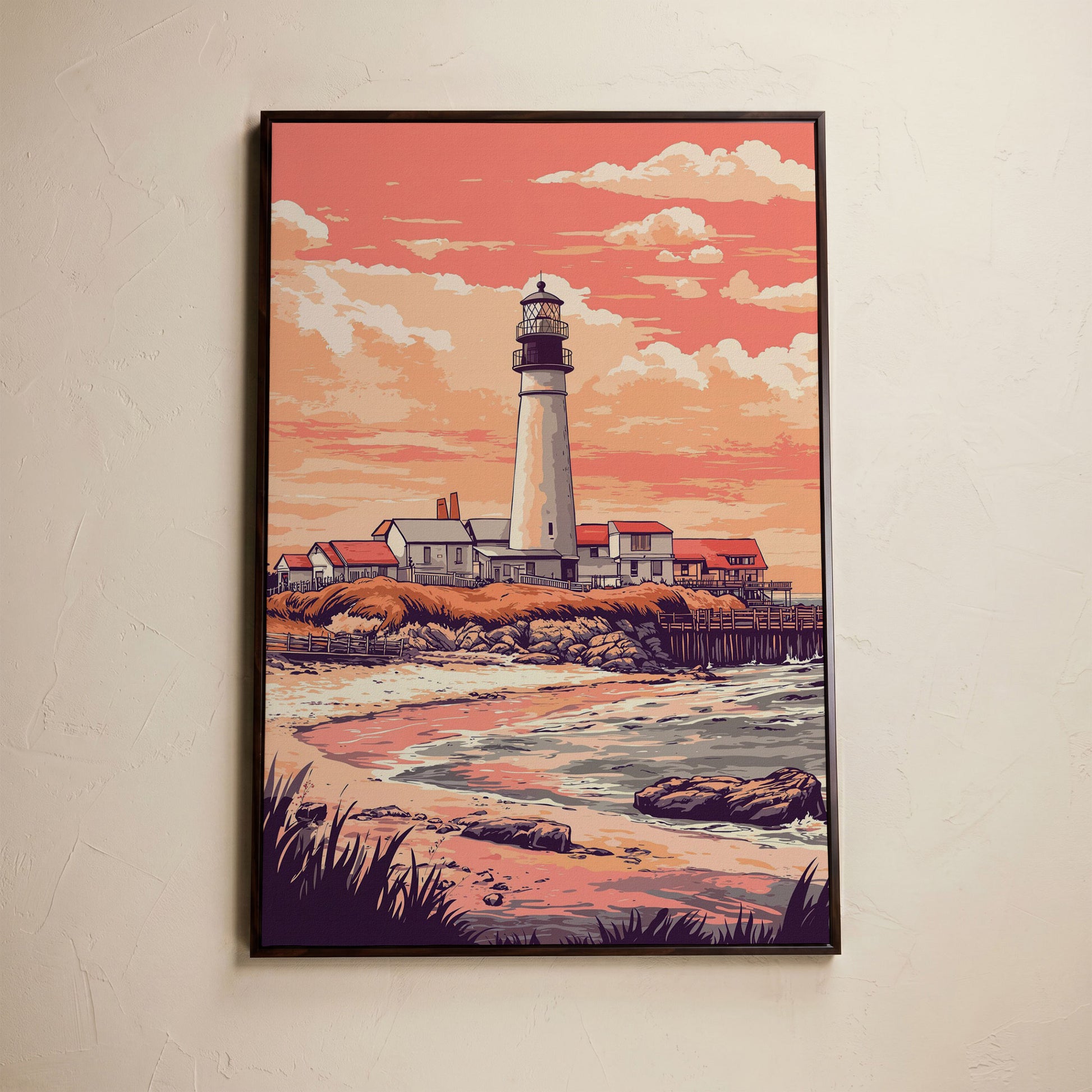 Lighthouse at Sunset, Coastal Canvas Wall Art in dark walnut floating frame