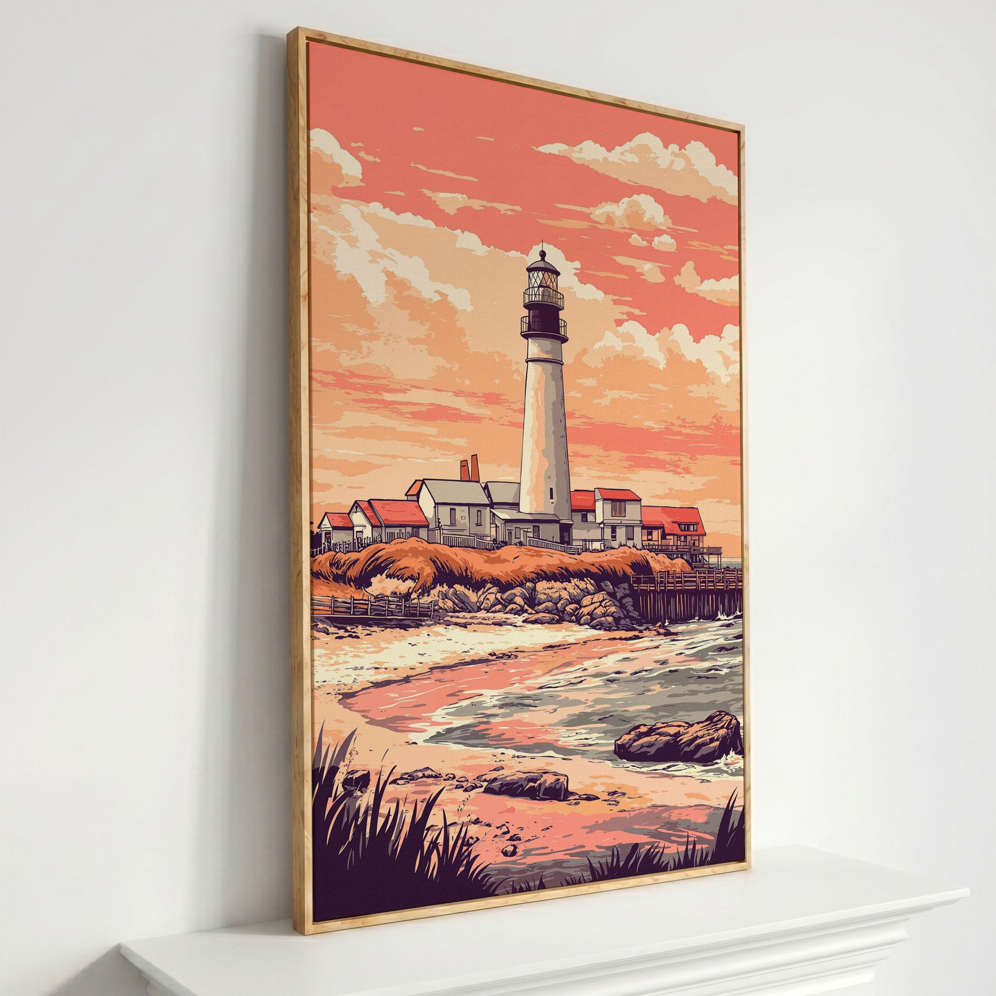 Lighthouse at Sunset, Coastal Canvas Wall Art in white oak floating frame