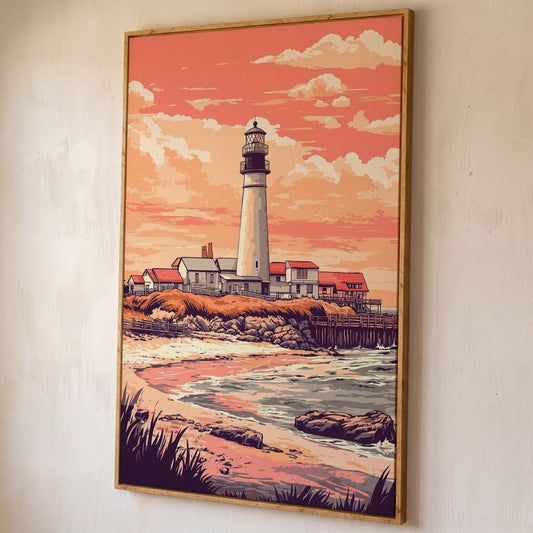 Lighthouse at Sunset, Coastal Canvas Wall Art shown in white oak floating frame