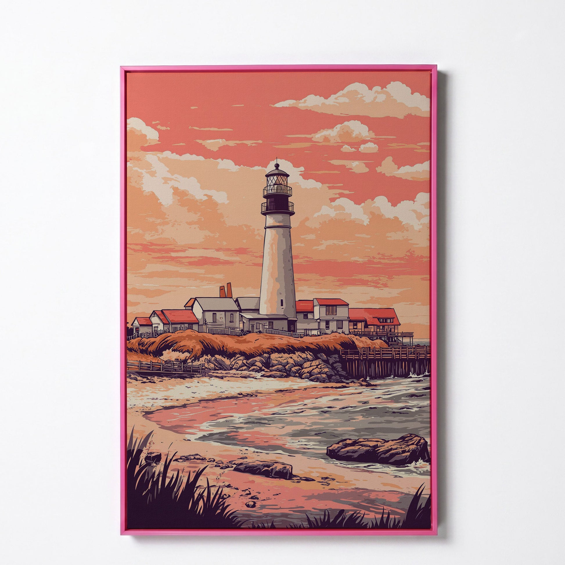 Lighthouse at Sunset, Coastal Canvas Wall Art in pink floating frame