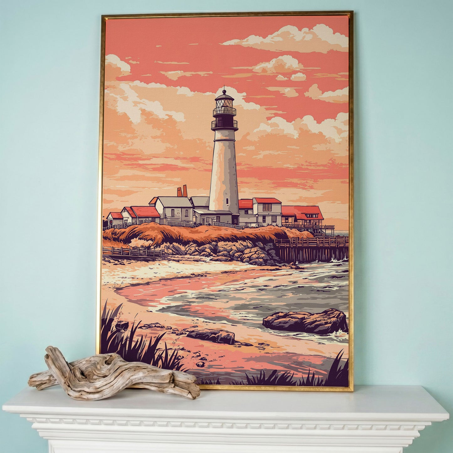 Lighthouse at Sunset, Coastal Canvas Wall Art in rose gold floating frame