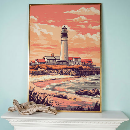 Lighthouse at Sunset, Coastal Canvas Wall Art in rose gold floating frame