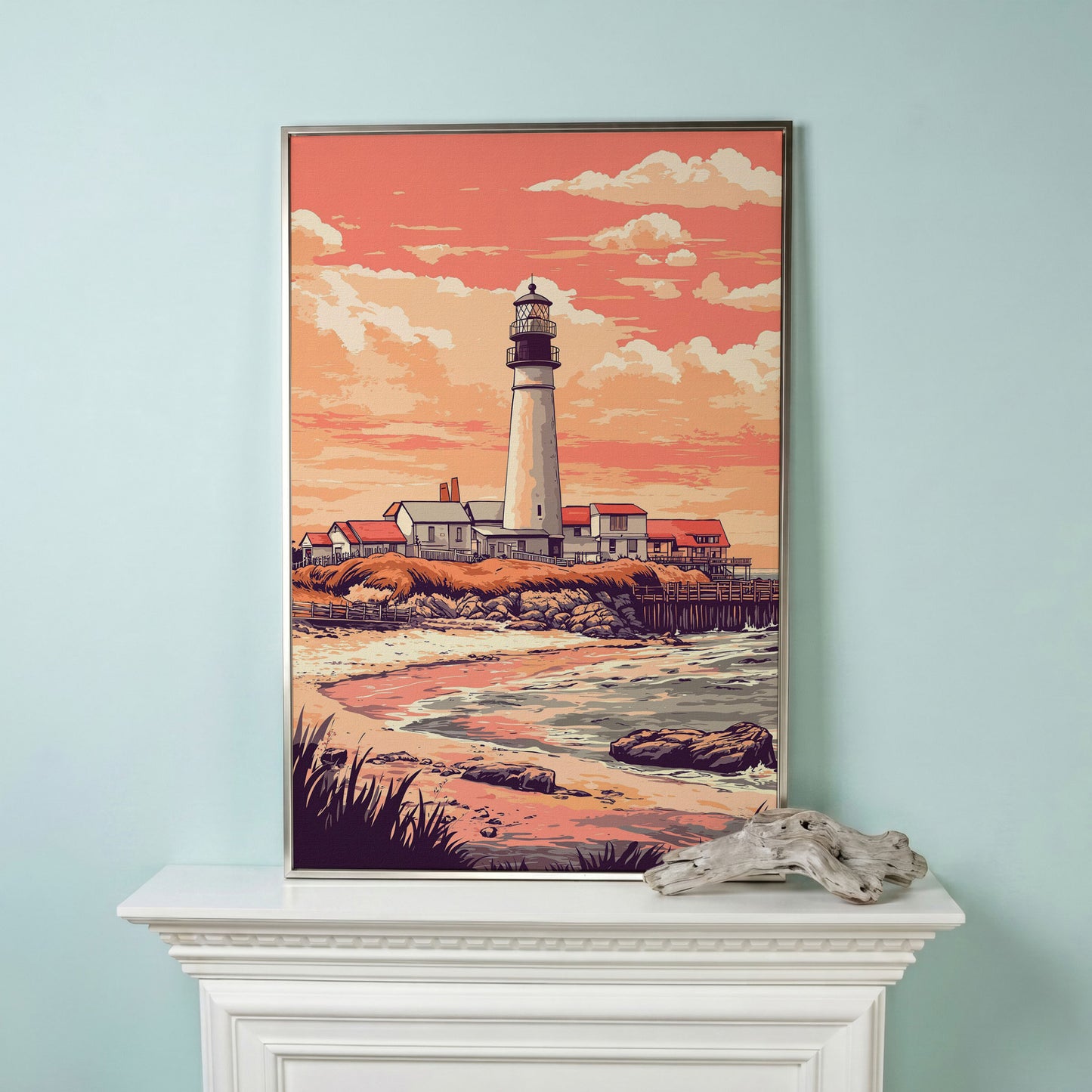 Lighthouse at Sunset, Coastal Canvas Wall Art in silver floating frame