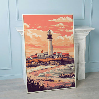 Lighthouse at Sunset, Coastal Canvas Wall Art in white floating frame