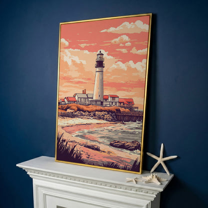 Lighthouse at Sunset, Coastal Canvas Wall Art in yellow gold floating frame