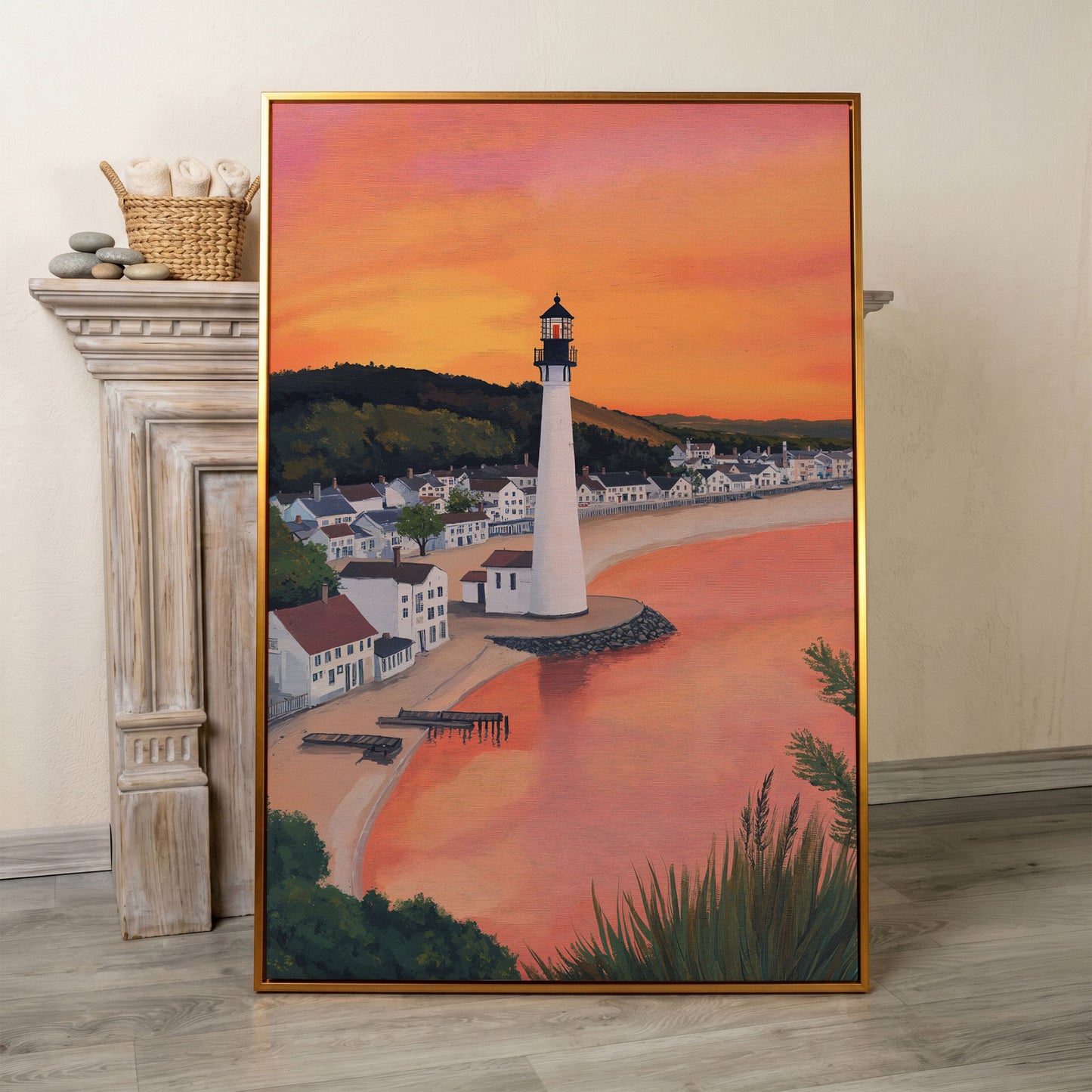 White Lighthouse at Sunset, Coastal Canvas Wall Art in antique gold floating frame