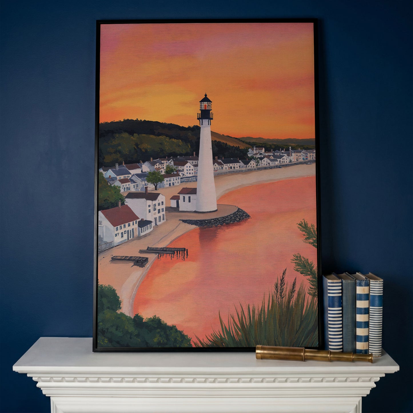 White Lighthouse at Sunset, Coastal Canvas Wall Art in black floating frame