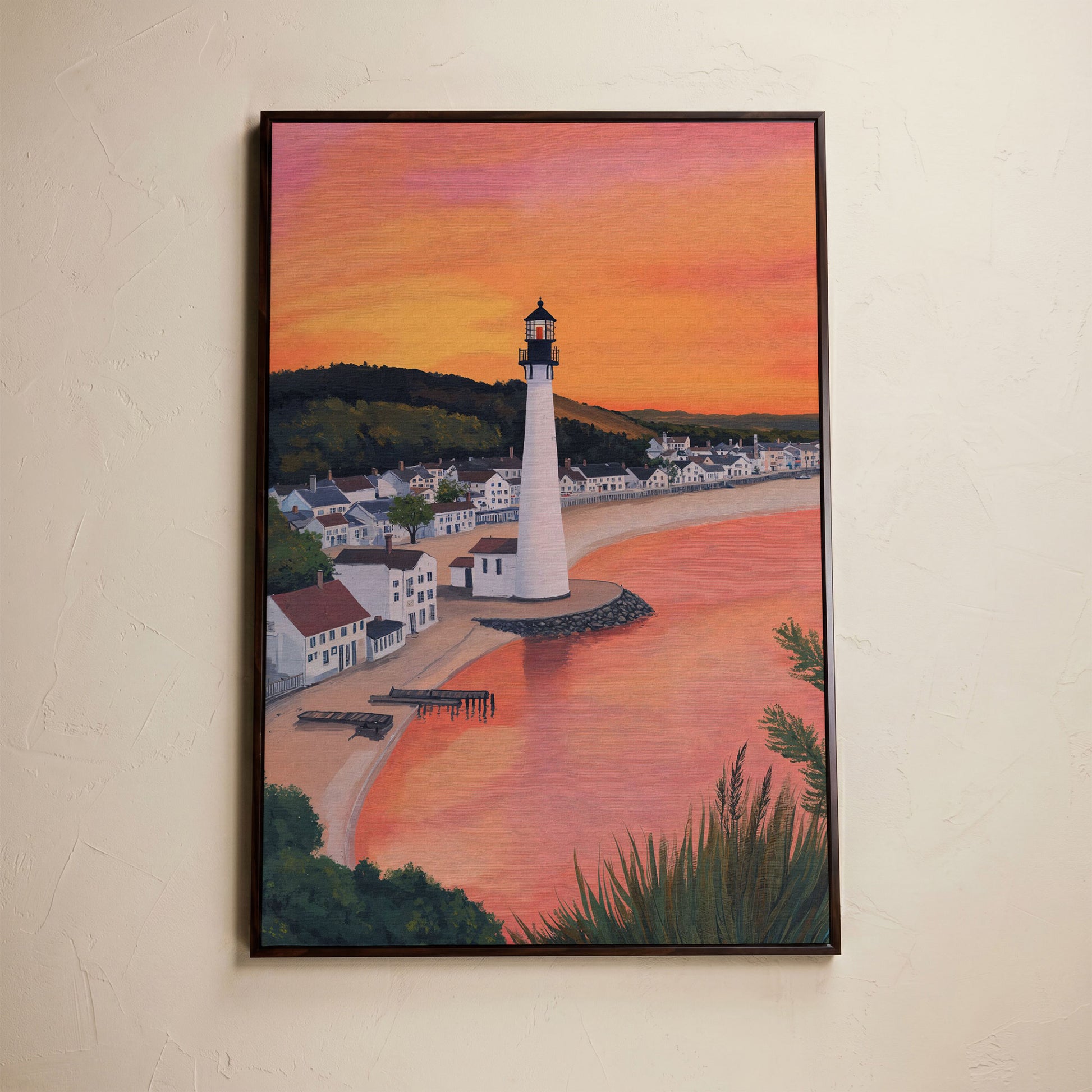 White Lighthouse at Sunset, Coastal Canvas Wall Art in dark walnut floating frame