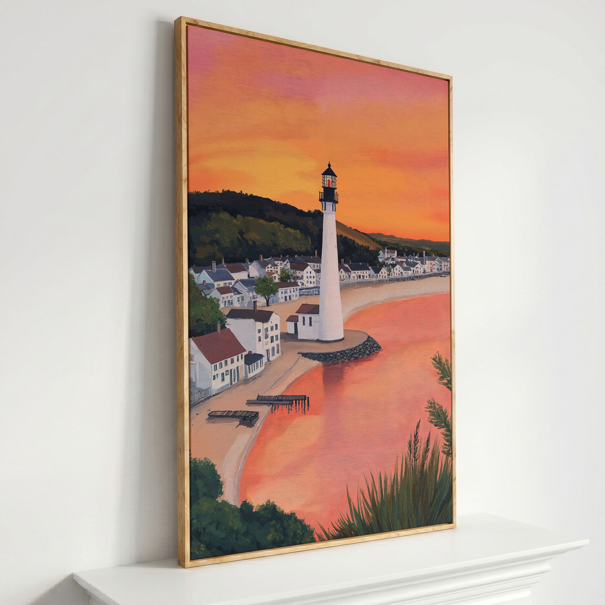 White Lighthouse at Sunset, Coastal Canvas Wall Art in white oak floating frame
