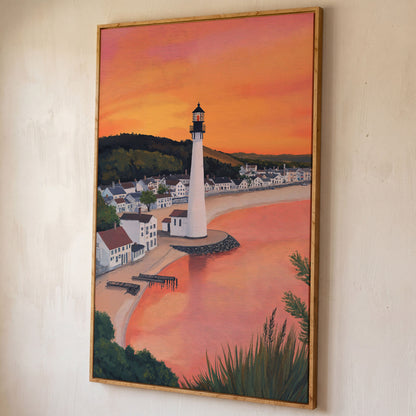 White Lighthouse at Sunset, Coastal Canvas Wall Art shown in white oak floating frame