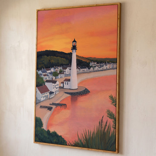 White Lighthouse at Sunset, Coastal Canvas Wall Art shown in white oak floating frame