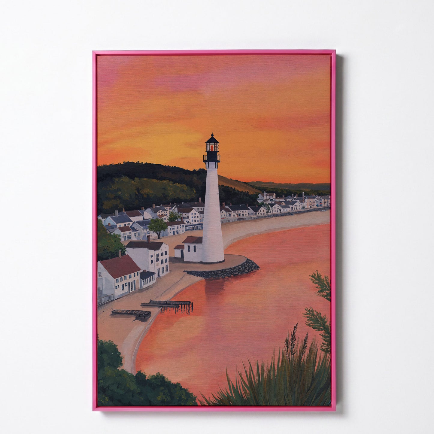 White Lighthouse at Sunset, Coastal Canvas Wall Art in pink floating frame