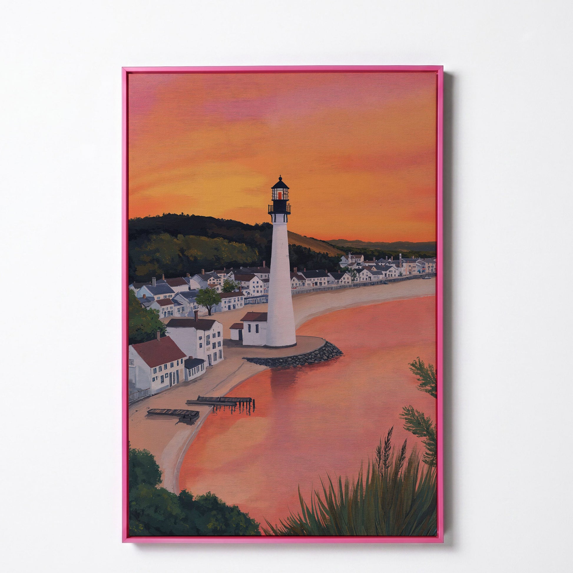 White Lighthouse at Sunset, Coastal Canvas Wall Art in pink floating frame