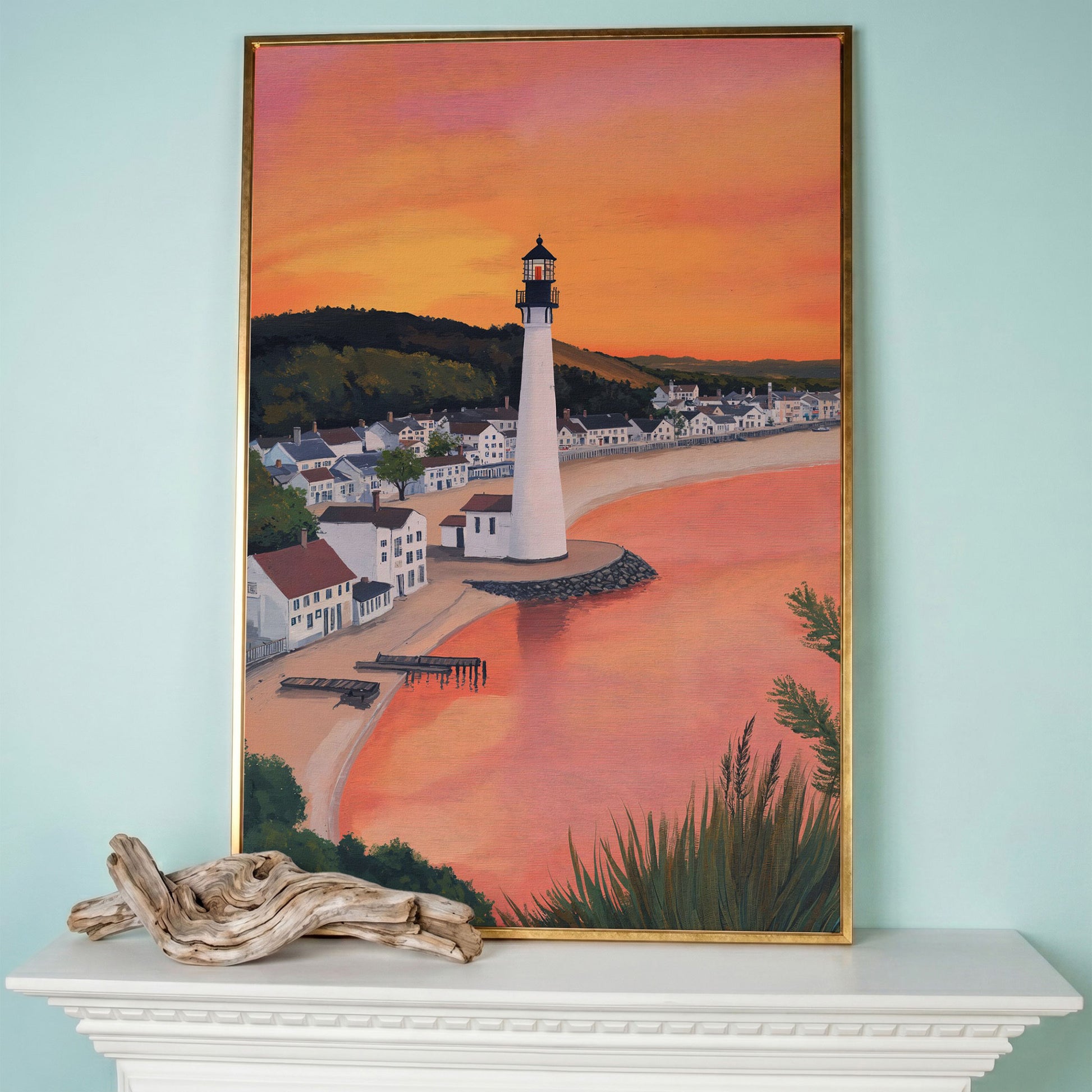 White Lighthouse at Sunset, Coastal Canvas Wall Art in rose gold floating frame