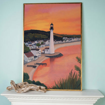 White Lighthouse at Sunset, Coastal Canvas Wall Art in rose gold floating frame