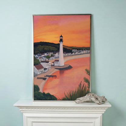 White Lighthouse at Sunset, Coastal Canvas Wall Art in silver floating frame