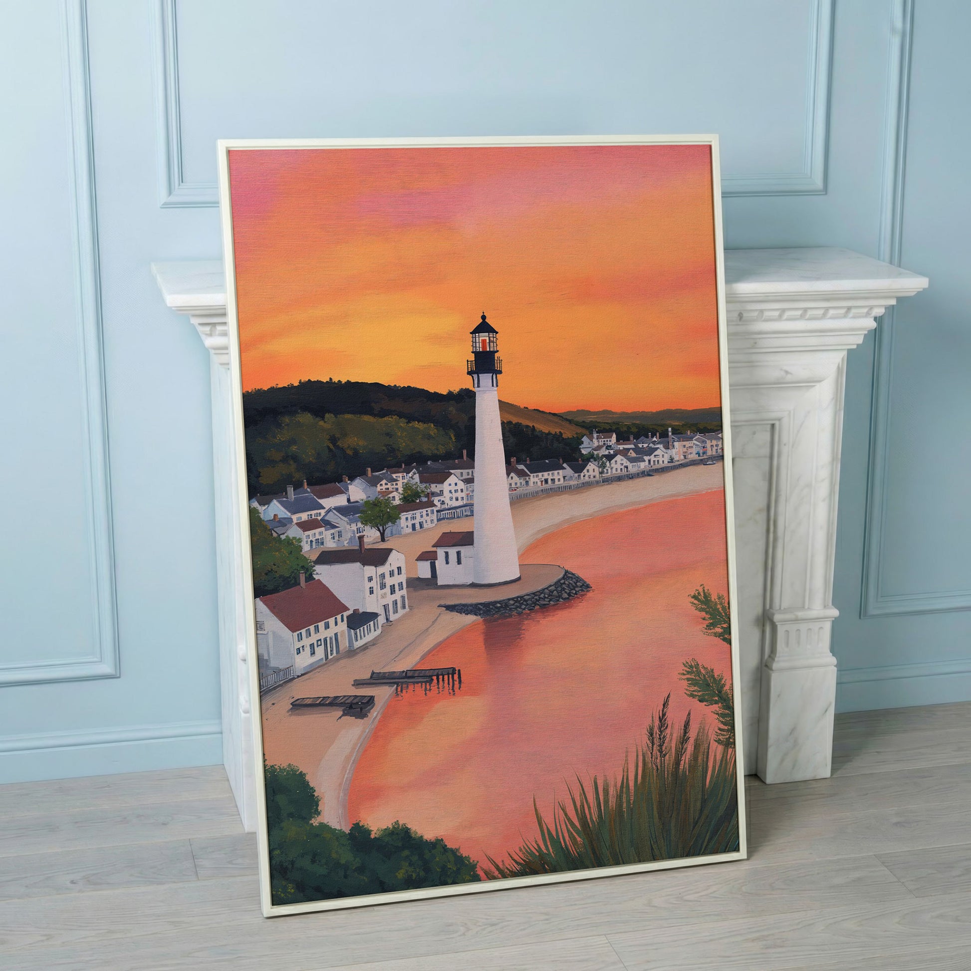 White Lighthouse at Sunset, Coastal Canvas Wall Art in white floating frame