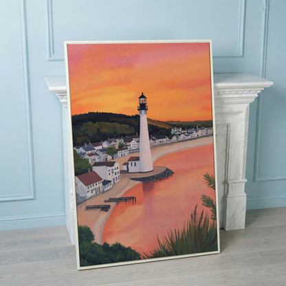 White Lighthouse at Sunset, Coastal Canvas Wall Art in white floating frame