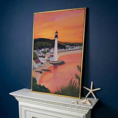 White Lighthouse at Sunset, Coastal Canvas Wall Art in yellow gold floating frame