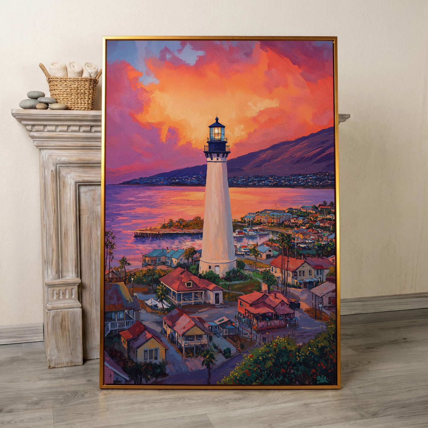 Lighthouse at Sunset Canvas Print, Coastal Harbor Scene in antique gold floating frame